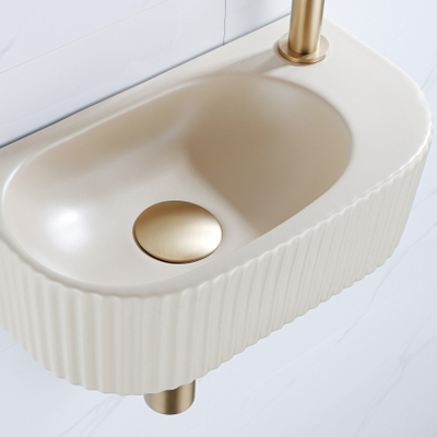 Fugaflow Efficiente Pietra Ensemble lavabo d'angle - 40x21.5x12cm - droit - rainuré - semi-circulaire - 1 trou de robinet - céramique - robinet de lavabo laiton brossé - bonde de vidage - siphon abaissé - beige