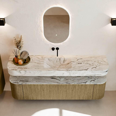 MONDIAZ THOR-DLUX 180cm meuble de salle de bains arrondi gauche + droite couleur Dusk avec 2 tiroirs et 2 portes. Vasque suspendue CLOUD Milieu sans trou de robinet couleur Glace.