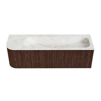 MONDIAZ KURVE-DLUX Meuble de salle de bains 145 cm avec module 25 L couleur Walnut avec 1 tiroir et 1 porte. Lavabo BIG LARGE à droite 2 trous de robinet couleur Ostra.