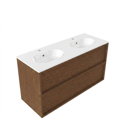 Saniclass Holz Frame Ensemble meuble de salle de bains - 120x45x74cm - lavabo Chaci en céramique blanc - 2 vasques - 2 trous de robinetterie - 2 tiroirs - walnut pure mat (bois)