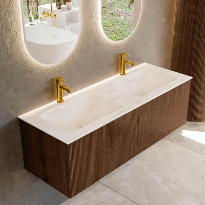 MONDIAZ KURVE-DLUX 130cm badmeubel kleur Walnut met 2 lades. Wastafel LEAF dubbel 2 kraangaten kleur Ostra.