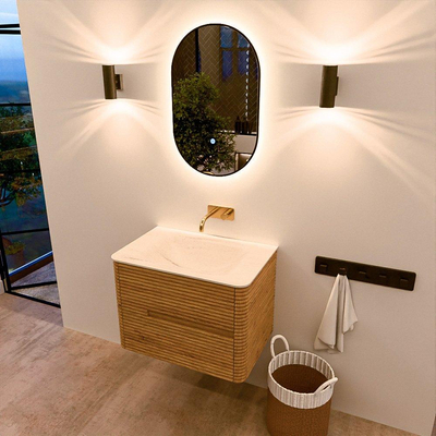 Mondiaz CIRO-DLUX Badkamermeubelset - 70x45x50cm - Solid surface wastafel Meli - 1 wasbak Midden - zonder kraangaten - 2 lades - Oak