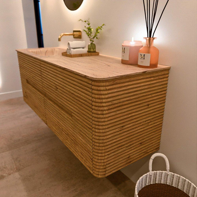 Mondiaz CIRO-DLUX Badkamermeubelset - 140x45x50cm - Solid surface wastafel Arena - 1 wasbak Links - zonder kraangaten - 4 lades - Oak