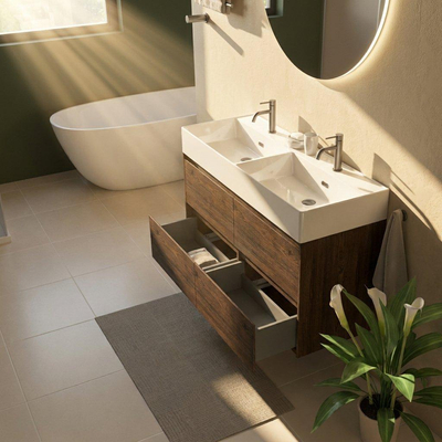 Saniclass Holz Pure Ensemble de meubles de salle de bains - 120x45x72cm - lavabo Legend en céramique blanc - 2 vasques - 2 trous de robinetterie - 4 tiroirs - chêne charcoal mat (bois)