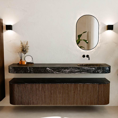 MONDIAZ THOR-DLUX 190cm badmeubel ronding links + rechts kleur Walnut met 2 lades en 2 deuren. Vrijhangende wastafel CLOUD Rechts zonder kraangat kleur Lava.