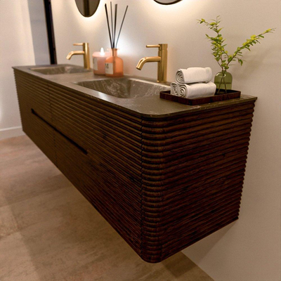 Mondiaz CIRO-DLUX Badkamermeubelset - 180x45x50cm - Solid surface wastafel Lava - 2 wasbak Dubbel - 2 kraangaten - 4 lades - Walnut