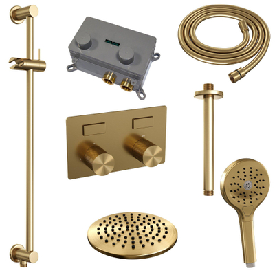 BRAUER Gold Carving Douche de pluie thermostatique encastrée - boutons-poussoirs - SET 71 - pomme de douche 20cm - bras de plafond - douchette 3 jets - flexible de douche - barre de douche intégrée - or brossé PVD