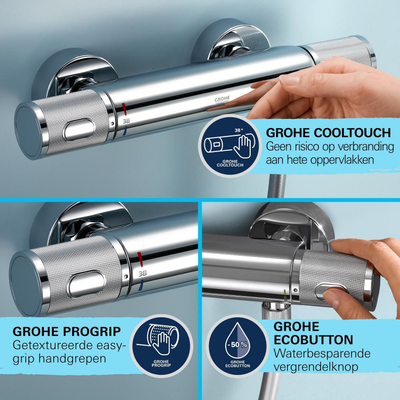 GROHE Precision Feel Doucheset - thermostatische kraan - met glijstangset - 60cm - ronde handdouche - 3 straalsoorten - gladde doucheslang - chroom