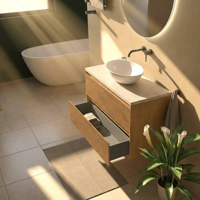 Saniclass Holz Atelier Ensemble de meubles de salle de bains - 100x45x63cm - Plan de travail en pierre naturelle travertin - sans trou de robinet - 2 tiroirs - chêne natural mat (bois)