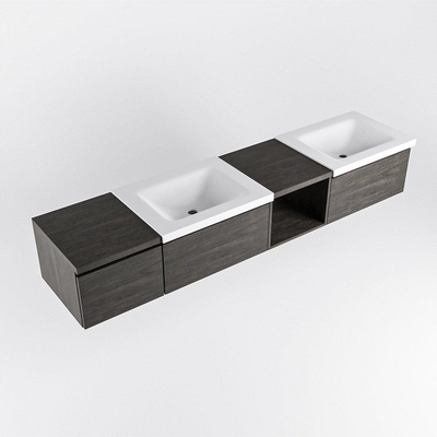 MONDIAZ BUKLA 200cm ensemble de meuble avec module ouvert 40 à droite couleur Marron Foncé avec 3 tiroirs. Lavabo CLOUD double 2 trous de robinet couleur Talc.