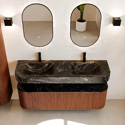 MONDIAZ THOR-DLUX 150cm meuble de salle de bains arrondi gauche + droite couleur Ruby avec 1 tiroir et 2 portes. Vasque suspendue CLOUD Double 2 trous de robinet couleur Lava.