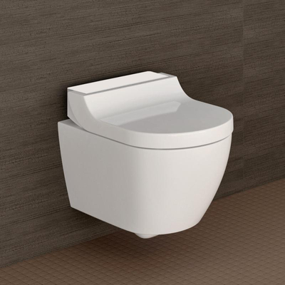Geberit AquaClean Tuma Comfort WC japonais suspendu blanc sans bride avec panneau de commande mural blanc brillant