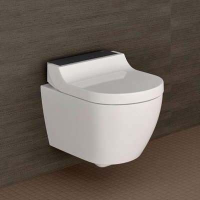 Geberit AquaClean Tuma Comfort Douchewc zwart glas decorplaat met zwarte wandbediening wit