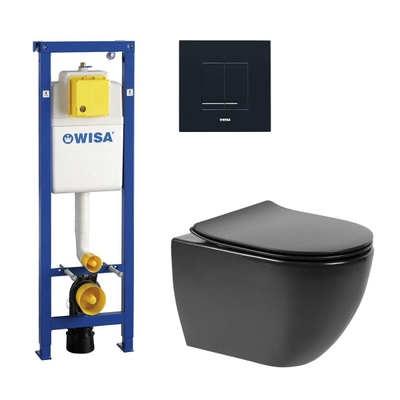 QeramiQ Fortune toiletset met Wisa inbouwreservoir, zwarte bedieningsplaat en toilet met zitting mat zwart