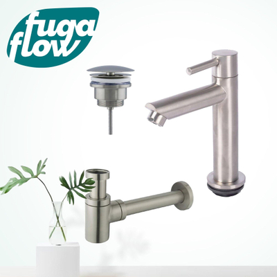 FugaFlow Eccelente Sobrado Badkamer fonteinkraanset met staande fonteinkraan laag, always open plug en design sifon PVD Geborsteld RVS