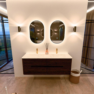 Mondiaz CIRO-DLUX Badkamermeubelset - 140x45x50cm - Solid surface wastafel Opalo - 2 wasbak Dubbel - 2 kraangaten - 4 lades - Walnut