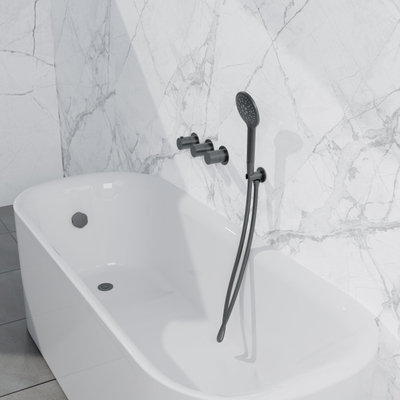 Fortifura Nebbio Badcombinatie-set - thermostaatkraan - wandaansluitbocht met handdouchehouder - metalen doucheslang - ronde handdouche - badvulcombinatie - geborsteld gunmetal PVD