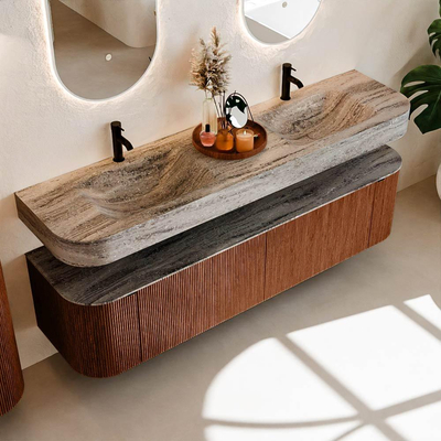 MONDIAZ THOR-DLUX 180cm meuble de salle de bains arrondi gauche + droite couleur Ruby avec 2 tiroirs et 2 portes. Vasque suspendue CLOUD Double 2 trous de robinet couleur Oza.