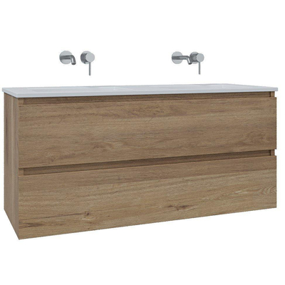 Saniclass Chaci Ensemble meuble de salle de bains - 120x46x55cm - lavabo en céramique blanc - 2 vasques - sans trous de robinet - 2 tiroirs - miroir rond avec éclairage - chêne
