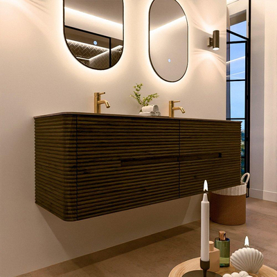 Mondiaz CIRO-DLUX Badkamermeubelset - 150x45x50cm - Solid surface wastafel Sombra - 2 wasbak Dubbel - 2 kraangaten - 4 lades - Shadow