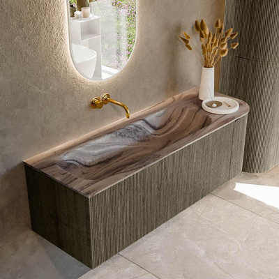 MONDIAZ KURVE-DLUX Meuble de salle de bains 135cm arrondi à droite couleur Shadow avec 1 tiroir et 1 porte. Lavabo BIG MEDIUM à gauche sans trou de robinet Sombra.