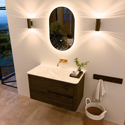 Mondiaz CIRO-DLUX ensemble de meubles de salle de bains - 90x45x50cm - plan vasque en solid surface Ostra - 1 lavabo au milieu - sans trous de robinet - 2 tiroirs - Shadow