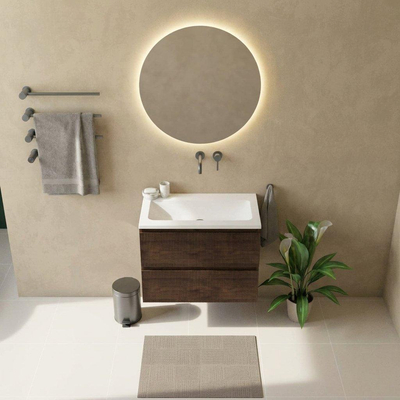 Saniclass Holz Atelier Ensemble de meuble de salle de bains - 80x45x77.5cm - lavabo Torino en solid surface blanc - sans trou de robinet - 2 tiroirs - chêne charcoal mat (bois)