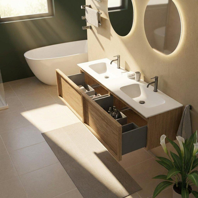 Saniclass Holz Frame Ensemble meuble de salle de bains - 160x45x41.5cm - Flow lavabo en solid surface blanc - 2 vasques - 2 trous de robinetterie - 2 tiroirs - chêne natural mat (bois)