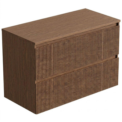 Saniclass Holz Atelier Ensemble meuble de salle de bains - 100x45x62cm - plan de travail en bois - sans trou de robinetterie - 2 tiroirs - walnut pure mat (bois)