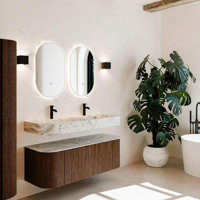 MONDIAZ THOR-DLUX Meuble de salle de bains 130cm arrondi gauche + droite couleur Walnut avec 1 tiroir et 2 portes. Vasque suspendue CLOUD Double 2 trous de robinet couleur Glace.