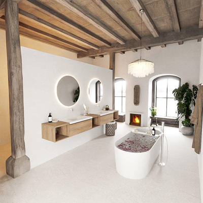 MONDIAZ BUKLA 280cm badmeubel met open module 40 L+M+R kleur Washed Oak met 2 lades. Wastafel CLOUD dubbel 0 kraangaten kleur Talc.