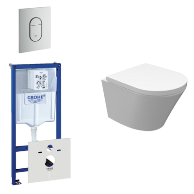 Wiesbaden Vesta Pack WC sans bride composé d'un réservoir encastré, cuvette compacte suspendue avec abattant de WC et plaque de commande verticale chrome mat