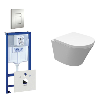Wiesbaden Vesta Spoelrandloos toiletset bestaande uit inbouwreservoir, compact wandcloset met toiletzitting en bedieningsplaat mat chroom