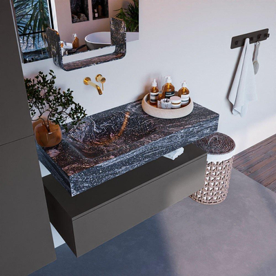 Mondiaz ALAN-DLUX Ensemble de meuble - 100cm - meuble Dark grey mat - 1 tiroir - Lavabo Cloud Lava suspendu - vasque Gauche - 0 trous de robinet