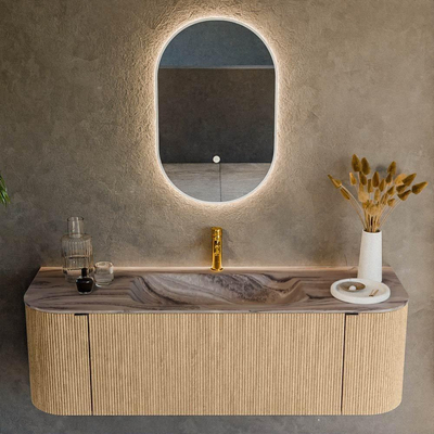 MONDIAZ KURVE-DLUX 140cm badmeubel ronding Links + Rechts kleur Oak met 1 lade en 2 deuren. Wastafel BIG SMALL Midden 1 kraangat Sombra.