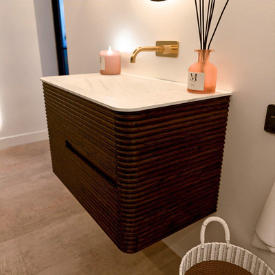 Mondiaz CIRO-DLUX Meuble de salle de bains - 80x45x50cm - Plan-vasque solid surface Opalo - 1 vasque au milieu - sans trous de robinetterie - 2 tiroirs - Noyer