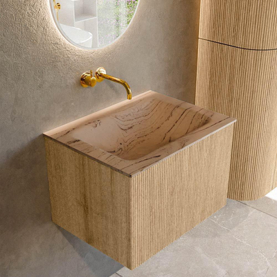 MONDIAZ KURVE-DLUX 60cm badmeubel kleur Oak met 1 lade en 0 deuren. Wastafel CLOUD Midden zonder kraangat Arena.