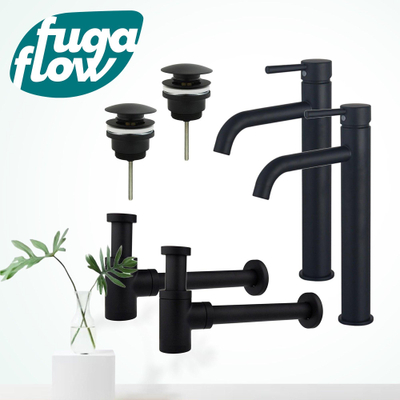 FugaFlow Eccelente Sobrado Kit robinet lavabo - pour double vasque - robinet rehaussé - bonde clic clac - siphon design bas - Noir mat