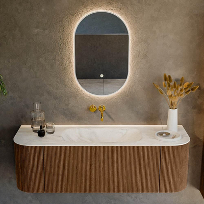 MONDIAZ KURVE-DLUX 140cm Meuble salle de bain avec module 25 G et D - couleur Walnut - 1 tiroir - 2 portes - vasque BIG SMALL centre - sans trou de robinet - couleur Ostra