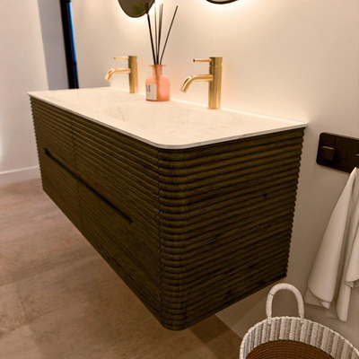 Mondiaz CIRO-DLUX Badkamermeubelset - 130x45x50cm - Solid surface wastafel Opalo - 2 wasbak Dubbel - 2 kraangaten - 4 lades - Shadow