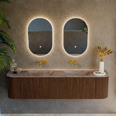 MONDIAZ KURVE-DLUX Meuble de salle de bains 180cm arrondi gauche + droite couleur Walnut avec 2 tiroirs et 2 portes. Lavabo LEAF double sans trou de robinet Oza.