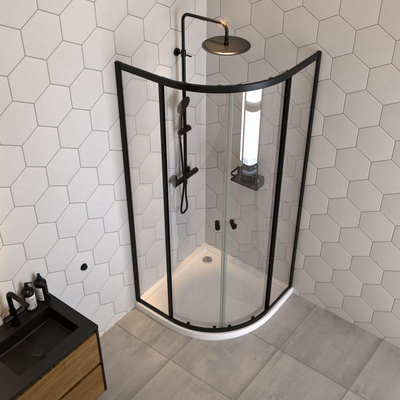 Sealskin Hooked 4-delige kwartrond - 90x90 cm - 550 mm radius - 6 mm helder veiligheidsglas - met Sealglas-coating - zwart mat