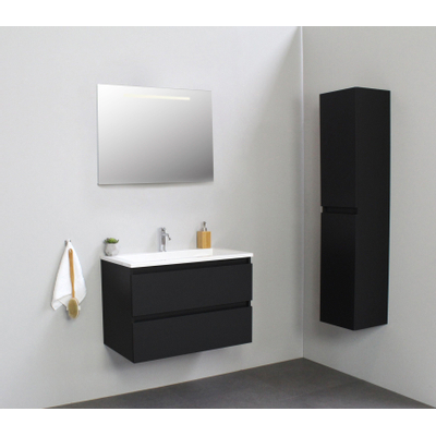 Basic Bella Meuble salle de bains avec lavabo acrylique Blanc 80x55x46cm 1 trou de robinet avec miroir et éclairage Noir mat