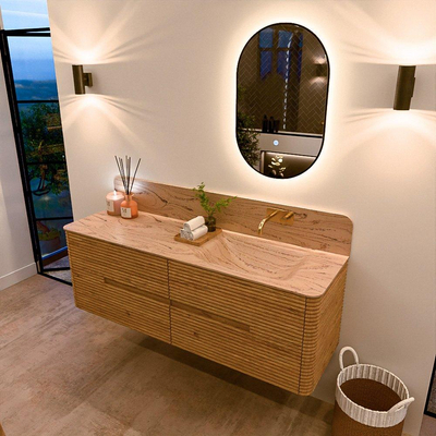 Mondiaz CIRO-DLUX Meuble de salle de bains - 150x45x50cm - Plan vasque solid surface Arena - 1 vasque à droite - sans trous de robinetterie - 4 tiroirs - Chêne