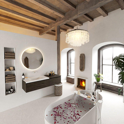MONDIAZ BUKLA meuble de salle de bain 140 cm avec module 60 couleur Marron Foncé avec 2 tiroirs. Lavabo CLOUD à gauche 0 trous de robinet couleur Talc.