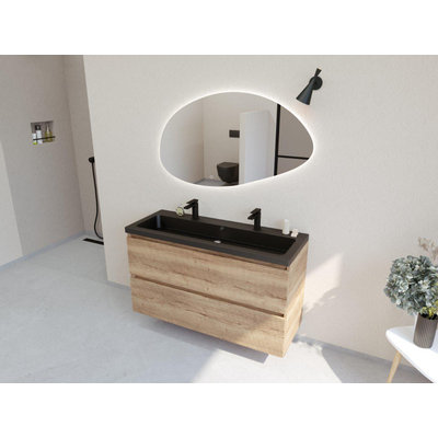 HR badmeubelen Infinity XXL 3D Ensemble meuble de salle de bains - 120 cm - 1 lavabo en céramique djazz noir mat - 2 trous de robinet - 2 tiroirs - chêne français