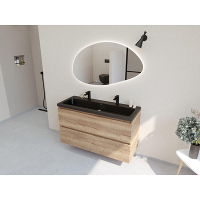 HR Infinity XXL ensemble de meubles de salle de bain 3d 120 cm 1 vasque en céramique djazz noir mat 2 trous de robinetterie 2 tiroirs chêne français