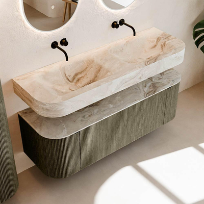 MONDIAZ THOR-DLUX Meuble de salle de bains 140cm arrondi gauche + droite couleur Shadow avec 1 tiroir et 2 portes. Vasque suspendue CLOUD Double sans trou de robinet couleur Frappe.