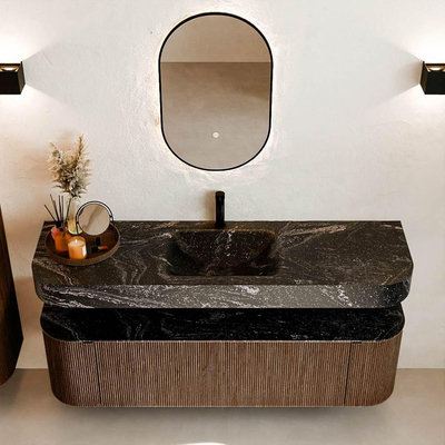 MONDIAZ THOR-DLUX 160cm meuble de salle de bains arrondi gauche + droite couleur Walnut avec 1 tiroir et 2 portes. Vasque suspendue CLOUD Milieu 1 trou de robinet couleur Lava.