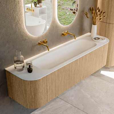 MONDIAZ KURVE 170cm Meuble salle de bain avec module 25 G et D - couleur Oak - 1 tiroir - 2 portes - vasque BIG LARGE centre - sans trous de robinet - Talc